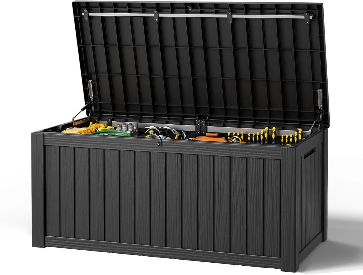Outdoor Storage Deck Box – Waterproof Resin Storage Box with Lockable Lid for Patio, Garden, Pool & Porch, 50/85/120 Gallon