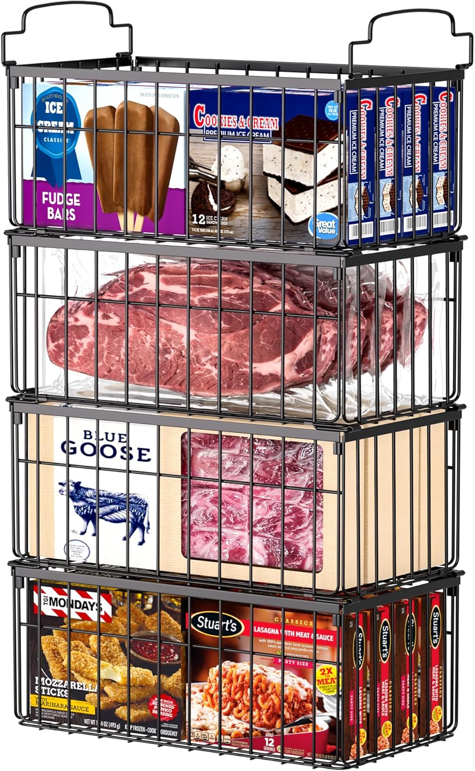 Freezer Organizer Bins, 2/4/6 Pack Stackable Chest Freezer Storage Baskets with Handles, Foldable Metal Bins for 5–7 Cu. Ft. Deep Freezers