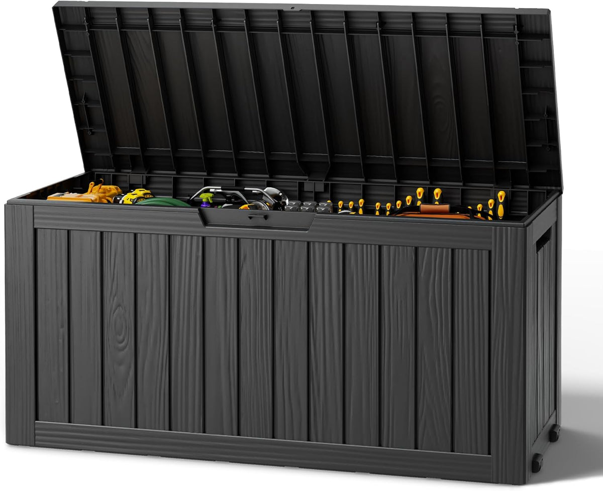 Outdoor Storage Deck Box – Waterproof Resin Storage Box with Lockable Lid for Patio, Garden, Pool & Porch, 50/85/120 Gallon