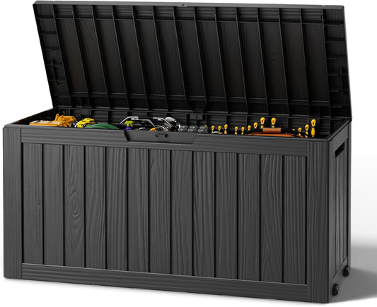 Outdoor Storage Deck Box – Waterproof Resin Storage Box with Lockable Lid for Patio, Garden, Pool & Porch, 50/85/120 Gallon