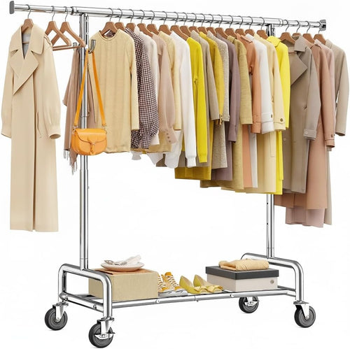 Heavy Duty Rolling Clothes Rack with 4 Hooks – Adjustable 51–75" Garment Rack with Wheels, 450 LB Capacity for Bedroom, Closet & Laundry Room