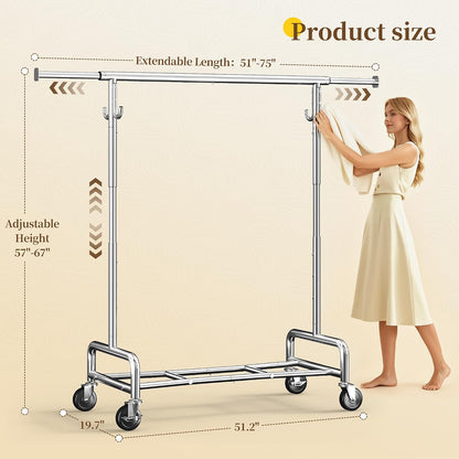 Heavy Duty Rolling Clothes Rack with 4 Hooks – Adjustable 51–75" Garment Rack with Wheels, 450 LB Capacity for Bedroom, Closet & Laundry Room