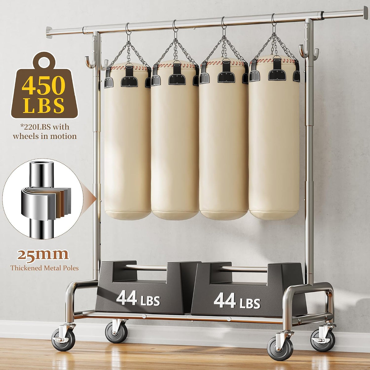 Heavy Duty Rolling Clothes Rack with 4 Hooks – Adjustable 51–75" Garment Rack with Wheels, 450 LB Capacity for Bedroom, Closet & Laundry Room
