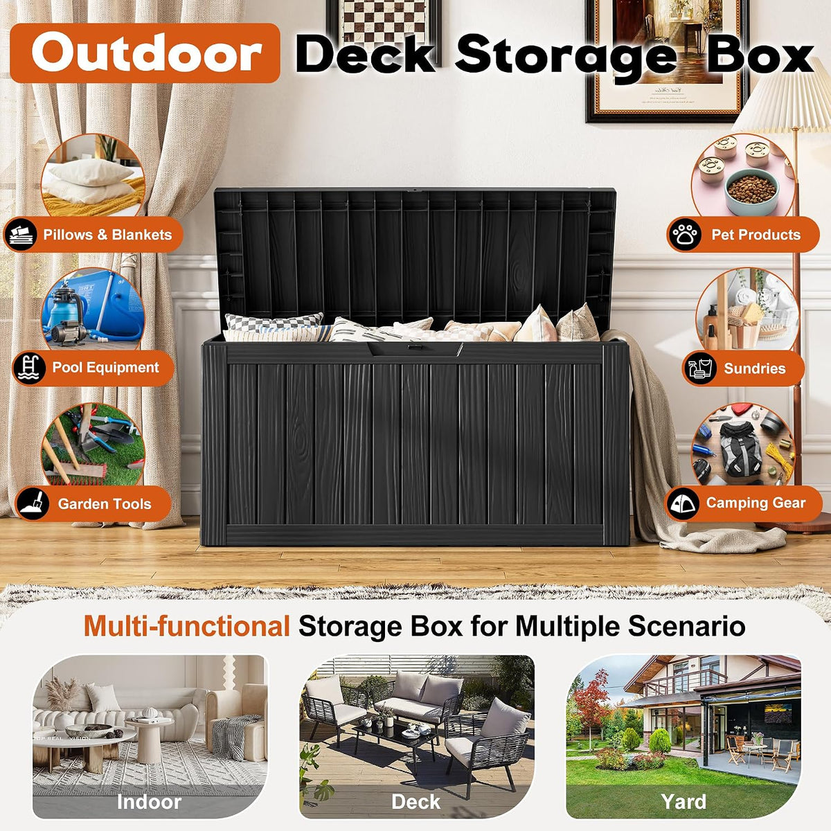 Outdoor Storage Deck Box – Waterproof Resin Storage Box with Lockable Lid for Patio, Garden, Pool & Porch, 50/85/120 Gallon