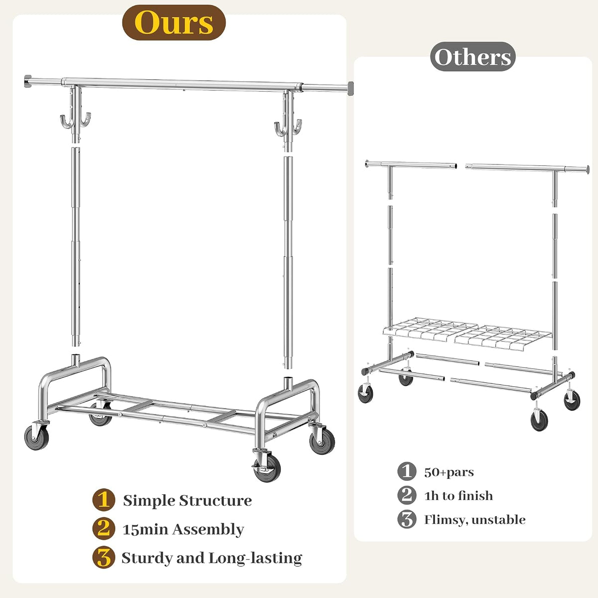 Heavy Duty Rolling Clothes Rack with 4 Hooks – Adjustable 51–75" Garment Rack with Wheels, 450 LB Capacity for Bedroom, Closet & Laundry Room