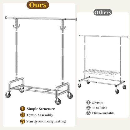 Heavy Duty Rolling Clothes Rack with 4 Hooks – Adjustable 51–75" Garment Rack with Wheels, 450 LB Capacity for Bedroom, Closet & Laundry Room