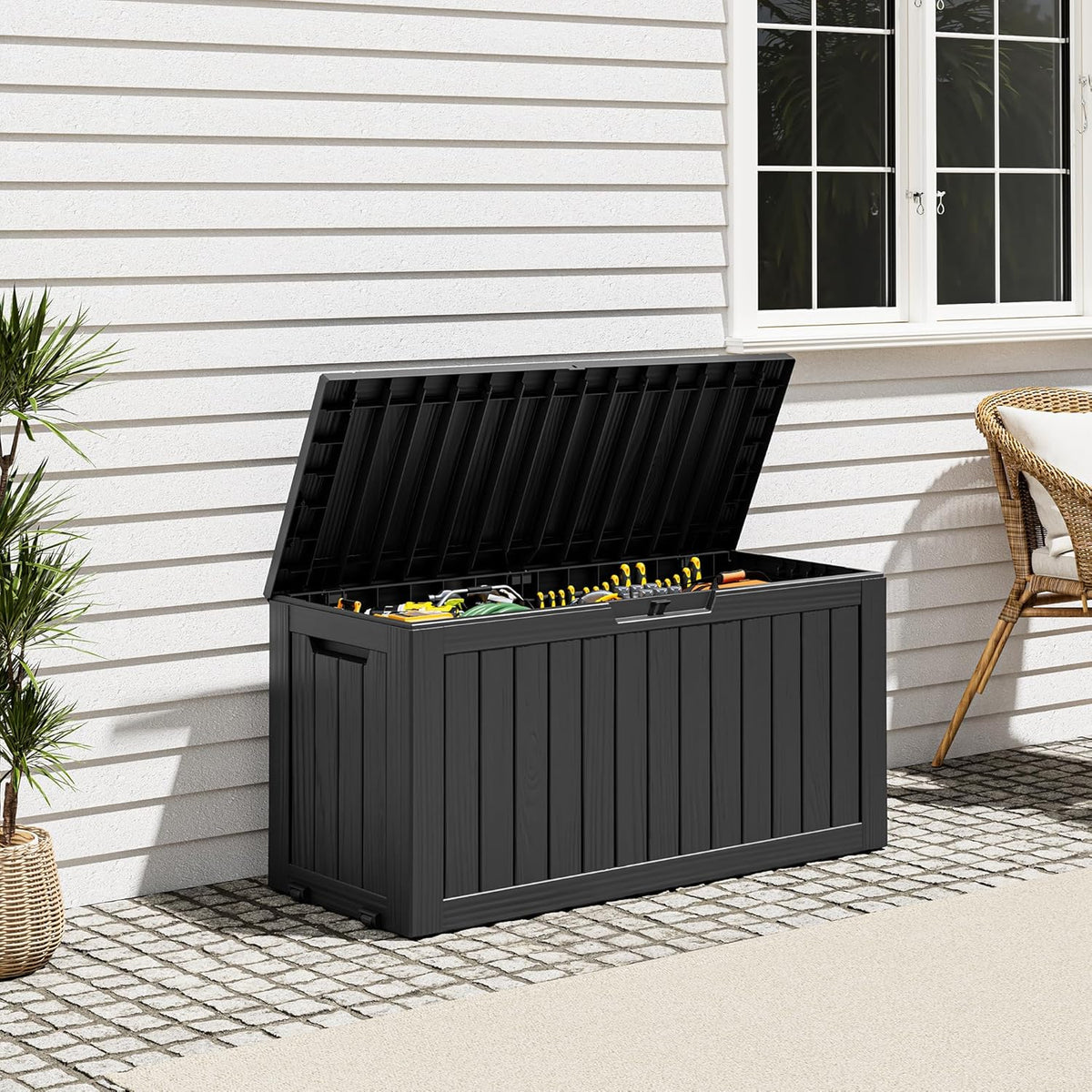 Outdoor Storage Deck Box – Waterproof Resin Storage Box with Lockable Lid for Patio, Garden, Pool & Porch, 50/85/120 Gallon