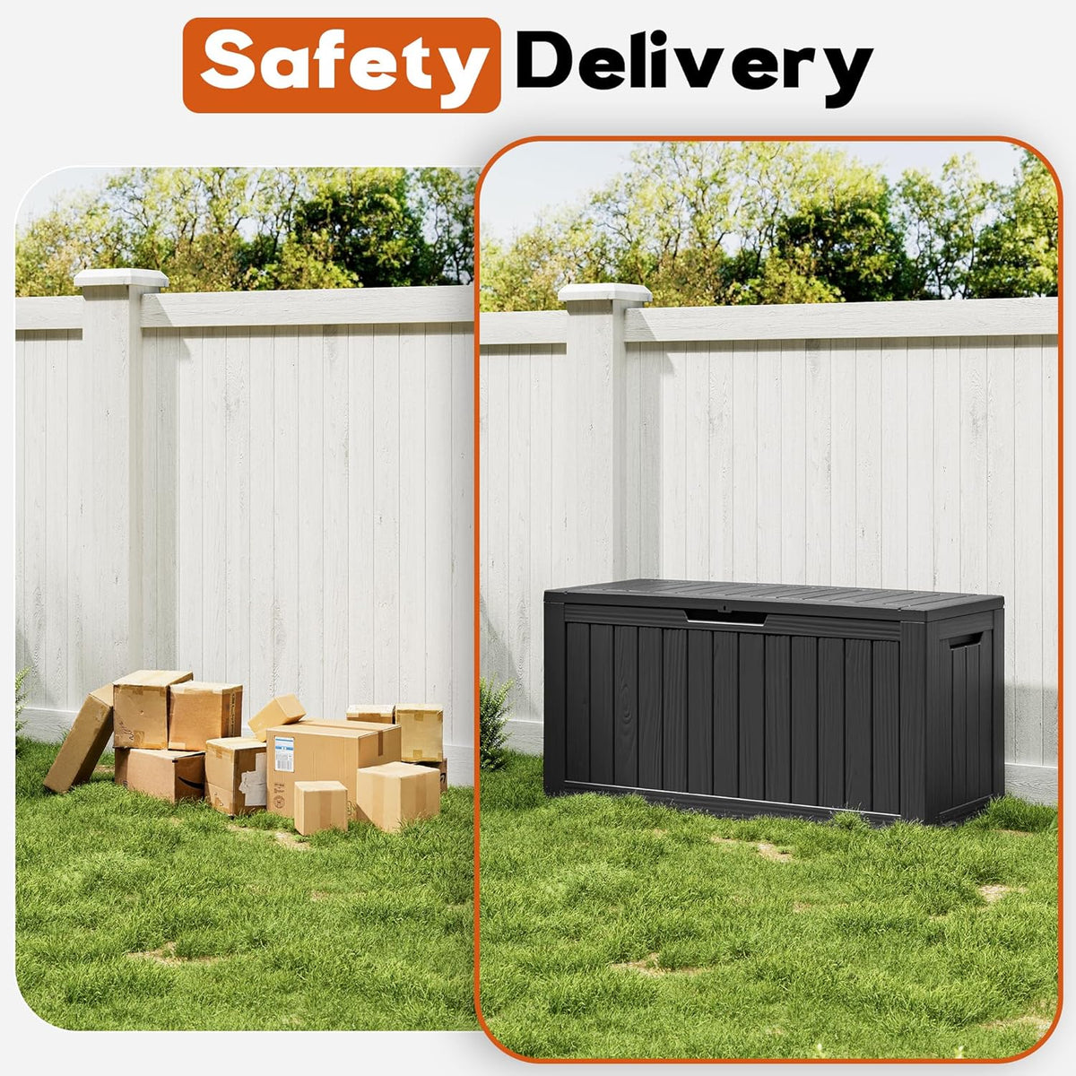 Outdoor Storage Deck Box – Waterproof Resin Storage Box with Lockable Lid for Patio, Garden, Pool & Porch, 50/85/120 Gallon