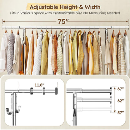 Heavy Duty Rolling Clothes Rack with 4 Hooks – Adjustable 51–75" Garment Rack with Wheels, 450 LB Capacity for Bedroom, Closet & Laundry Room
