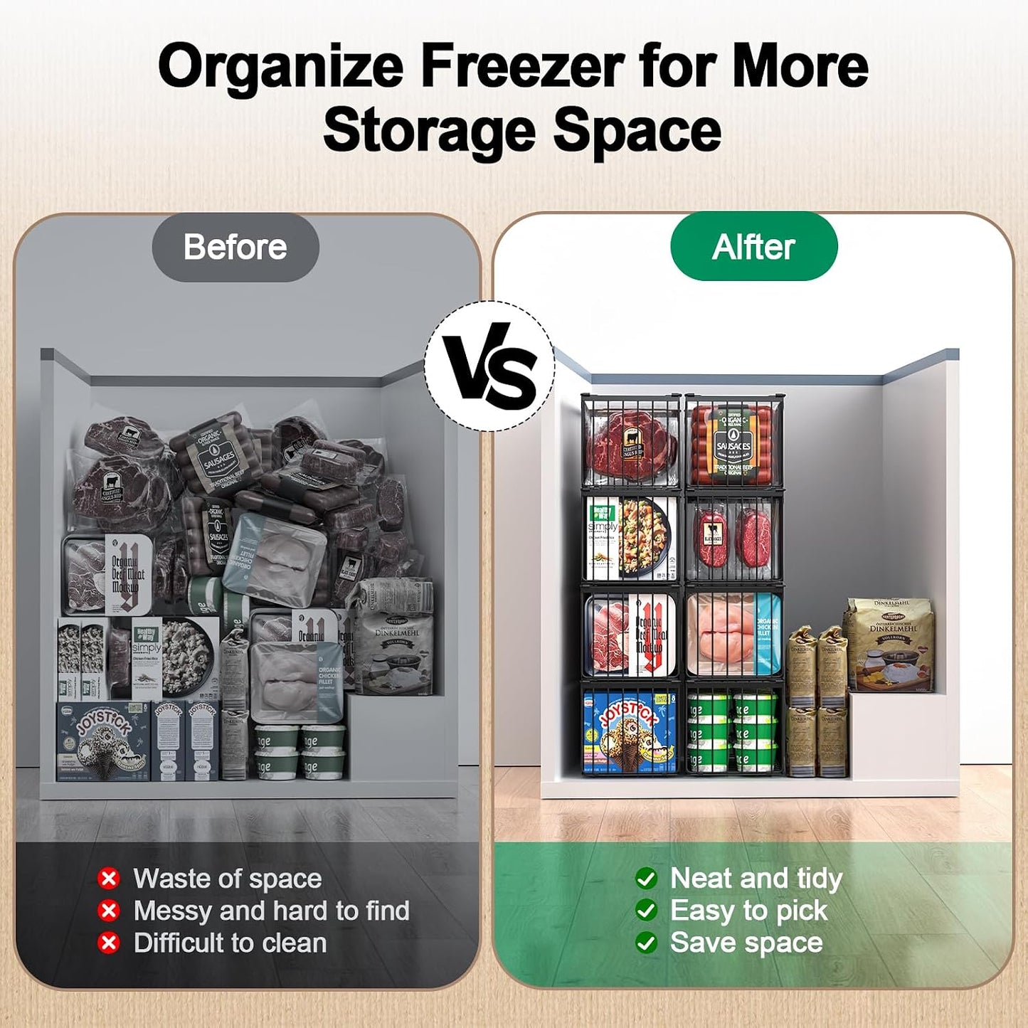 Freezer Organizer Bins, 2/4/6 Pack Stackable Chest Freezer Storage Baskets with Handles, Foldable Metal Bins for 5–7 Cu. Ft. Deep Freezers