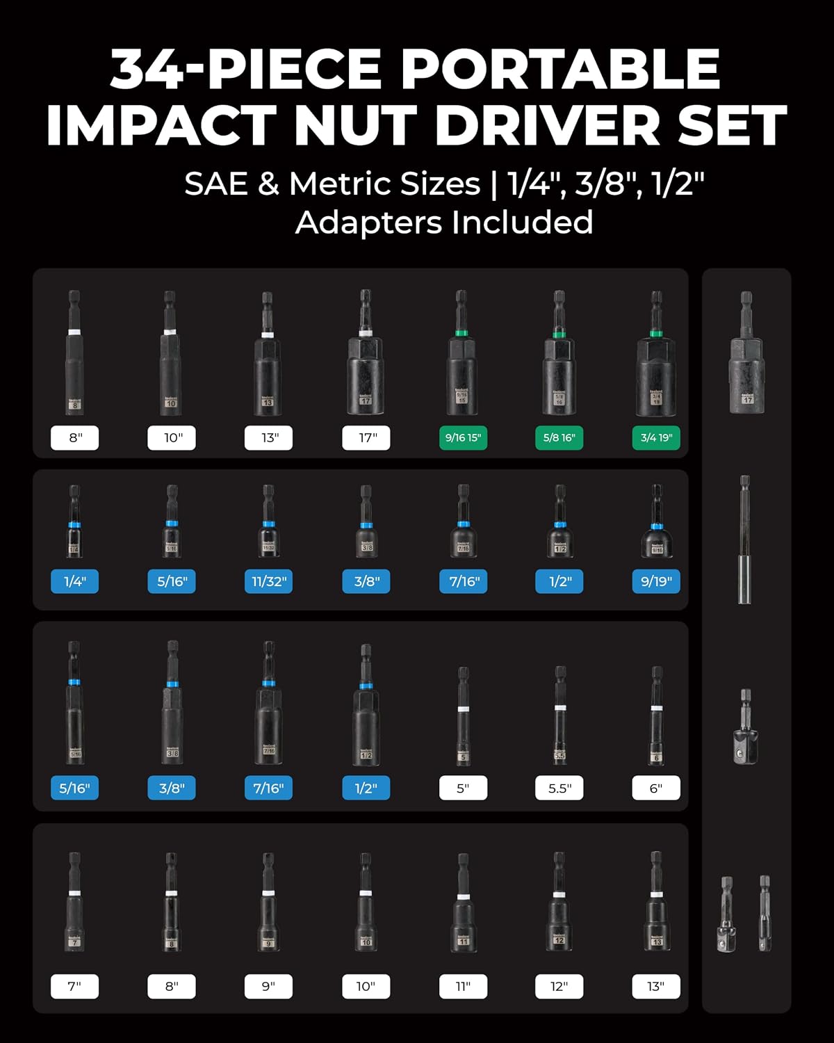 34-Piece Magnetic Nut Driver Set – Deep Nut Drivers, Impact Socket Adapters & Wing Nut Driver with Magnetic Tips and Storage Case