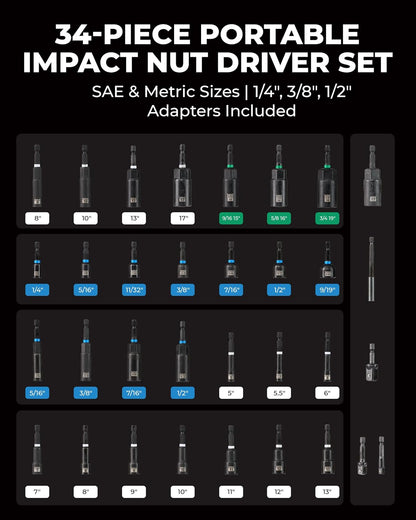 34-Piece Magnetic Nut Driver Set – Deep Nut Drivers, Impact Socket Adapters & Wing Nut Driver with Magnetic Tips and Storage Case