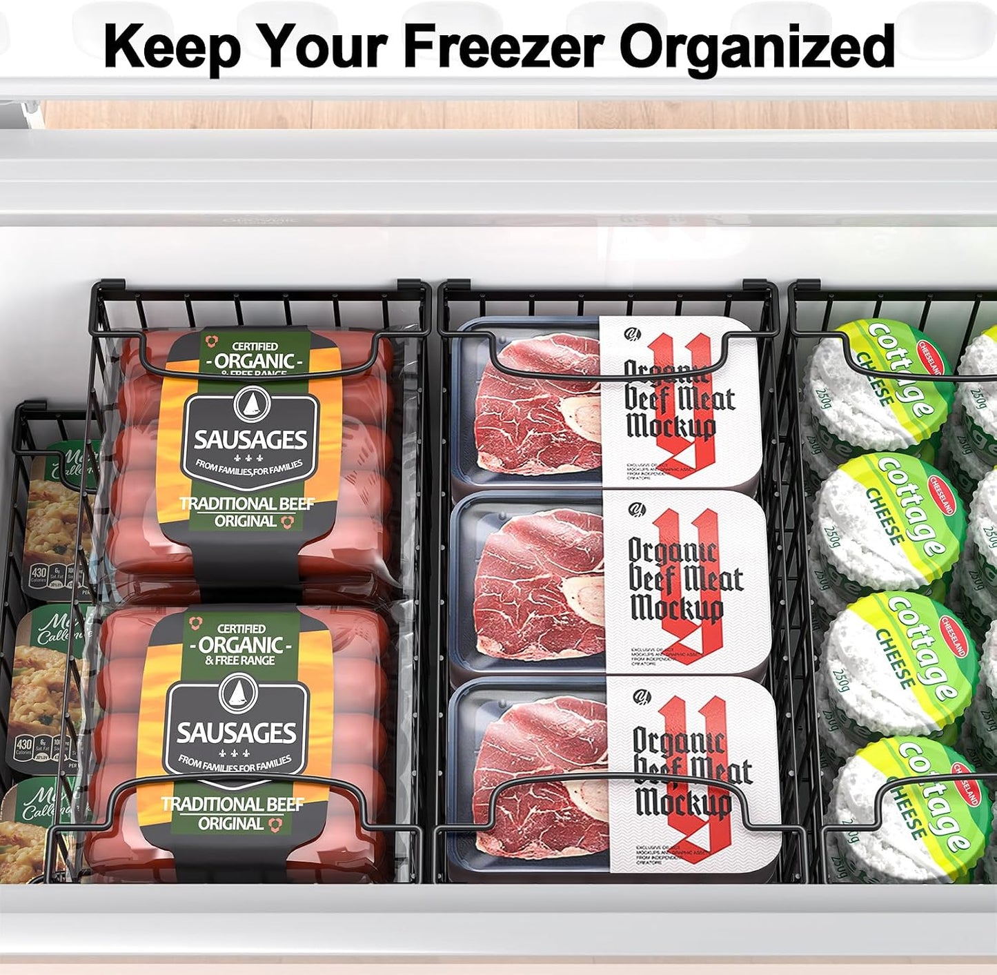 Freezer Organizer Bins, 2/4/6 Pack Stackable Chest Freezer Storage Baskets with Handles, Foldable Metal Bins for 5–7 Cu. Ft. Deep Freezers