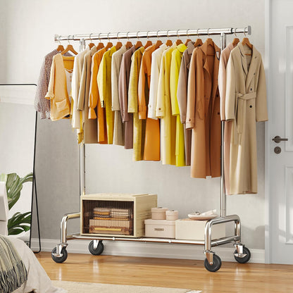 Heavy Duty Rolling Clothes Rack with 4 Hooks – Adjustable 51–75" Garment Rack with Wheels, 450 LB Capacity for Bedroom, Closet & Laundry Room