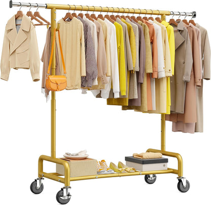 Heavy Duty Rolling Clothes Rack with 4 Hooks – Adjustable 51–75" Garment Rack with Wheels, 450 LB Capacity for Bedroom, Closet & Laundry Room