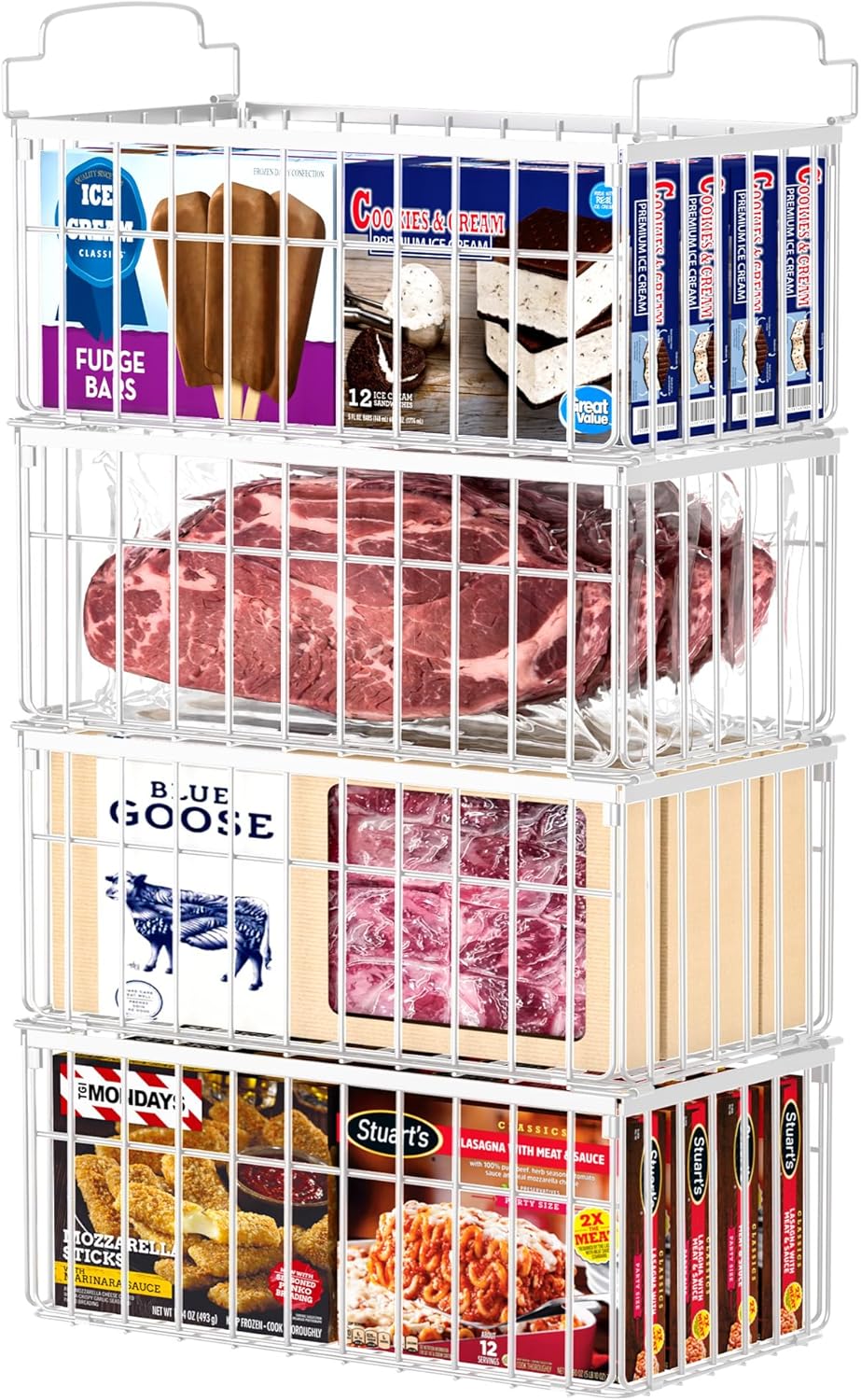 Freezer Organizer Bins, 2/4/6 Pack Stackable Chest Freezer Storage Baskets with Handles, Foldable Metal Bins for 5–7 Cu. Ft. Deep Freezers