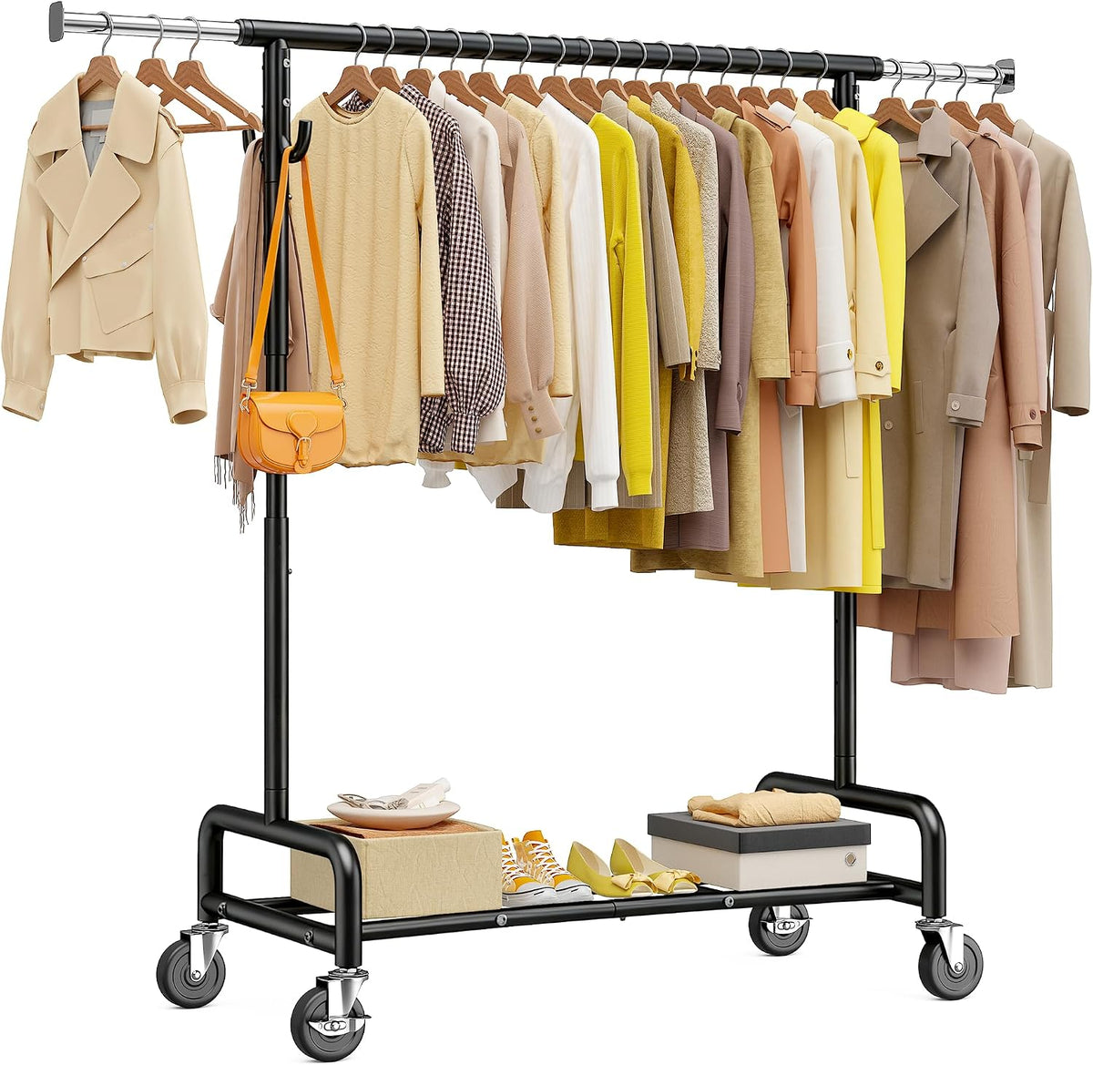 Heavy Duty Rolling Clothes Rack with 4 Hooks – Adjustable 51–75" Garment Rack with Wheels, 450 LB Capacity for Bedroom, Closet & Laundry Room