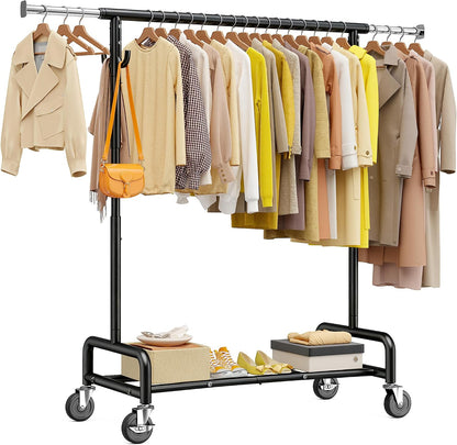 Heavy Duty Rolling Clothes Rack with 4 Hooks – Adjustable 51–75" Garment Rack with Wheels, 450 LB Capacity for Bedroom, Closet & Laundry Room