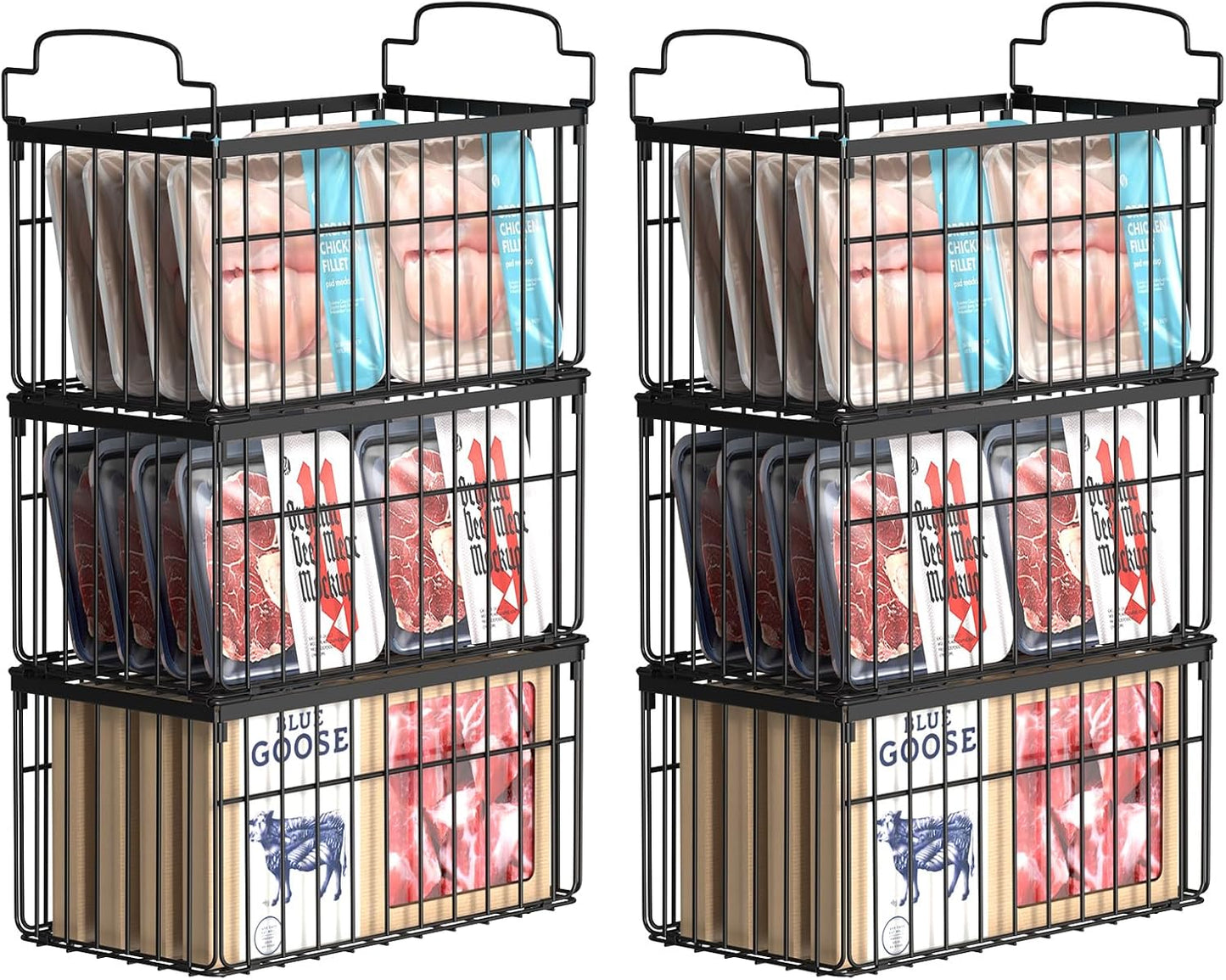 Freezer Organizer Bins, 2/4/6 Pack Stackable Chest Freezer Storage Baskets with Handles, Foldable Metal Bins for 5–7 Cu. Ft. Deep Freezers